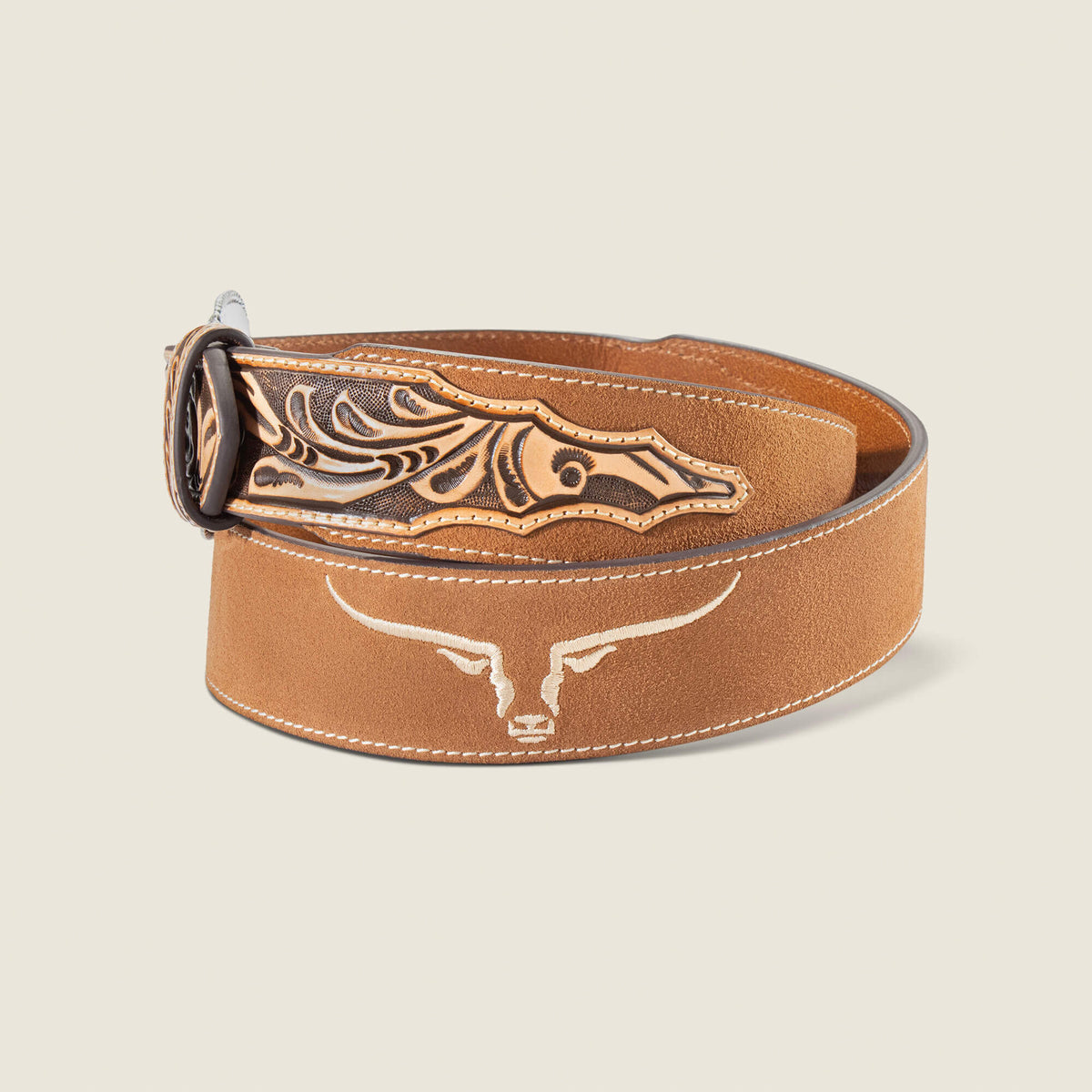 Embroidered Longhorn Leather Belt - US 6305