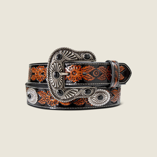 Floral Embossed Belt with Black Stone Conch Belt - US 5718